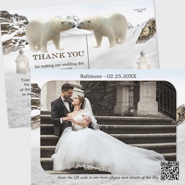 Polar Bear Winter Wedding Photo Thank You Postcard (Creator Uploaded)