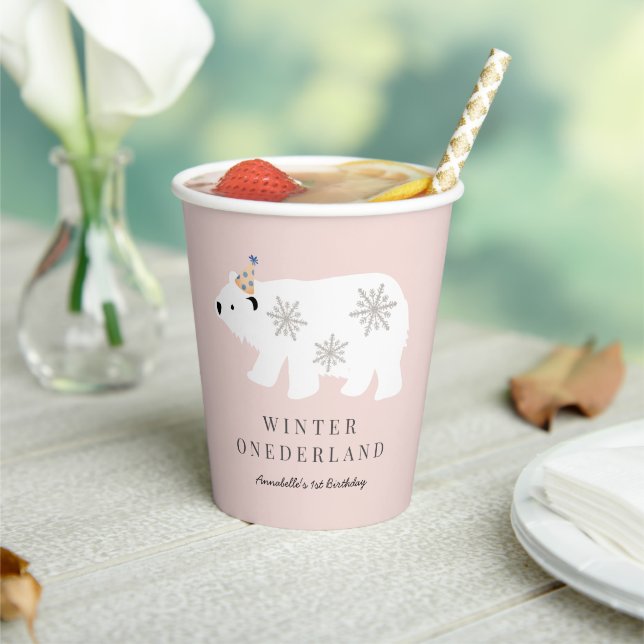 Polar Bear Winter Wonderland Pink 1st Birthday Paper Cups (Insitu)