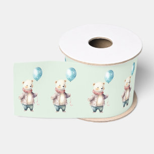 Polar bear with blue balloon grosgrain ribbon