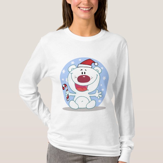 Polar  Bear With Candy Cane Holiday Tshirts (Front)