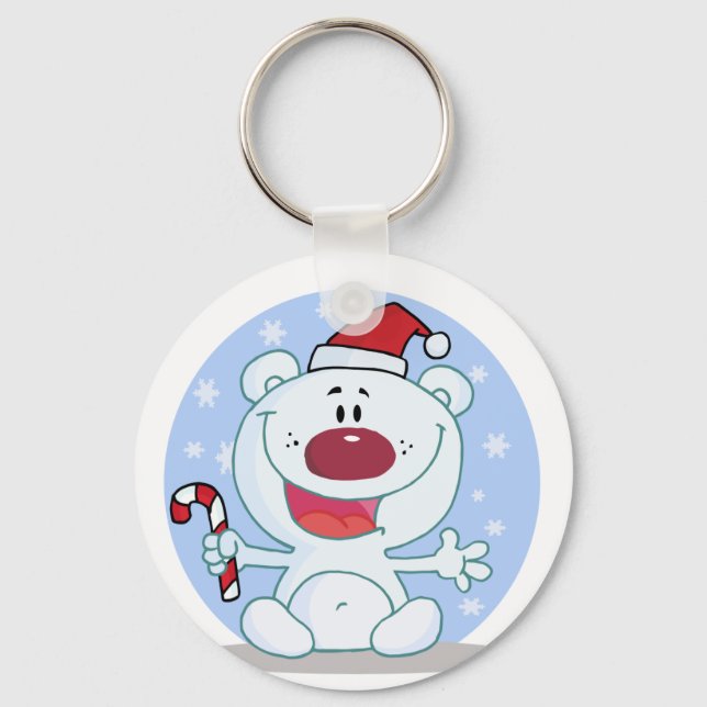 Polar  Bear With Candy Cane Holiday Tshirts Key Ring (Front)