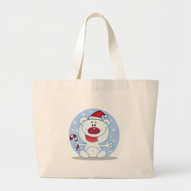 Polar  Bear With Candy Cane Holiday Tshirts Large Tote Bag (Front)