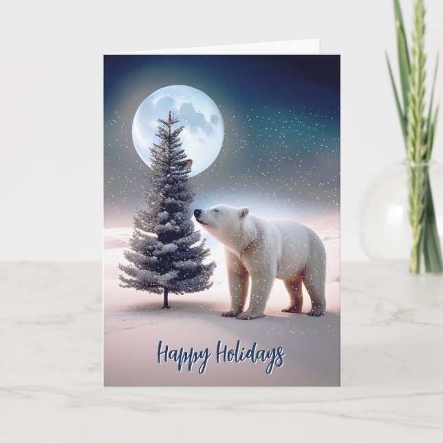 Polar Bear With Christmas Tree Holiday Card (Front)