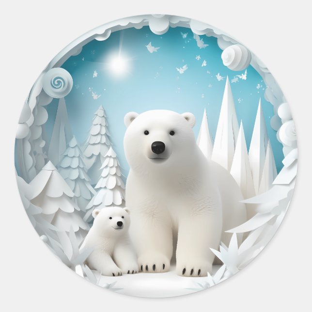 Polar Bear with Cub Arctic Ocean White Winter Classic Round Sticker (Front)