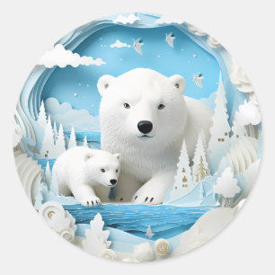 Polar Bear with Cub Arctic Ocean White Winter Classic Round Sticker