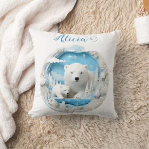 Polar Bear with Cub Arctic Ocean White Winter Cushion