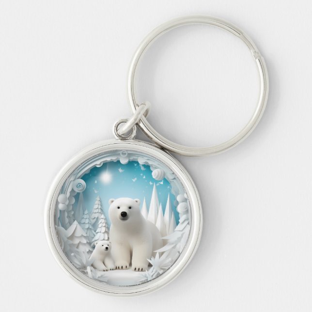 Polar Bear with Cub Arctic Ocean White Winter Key Ring (Front)