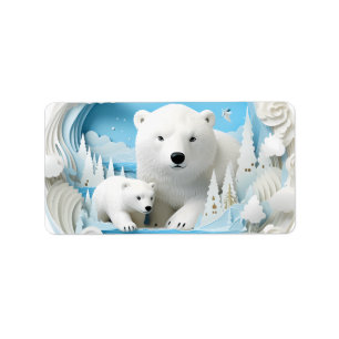 Polar Bear with Cub Arctic Ocean White Winter Label