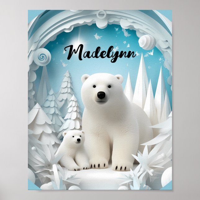 Polar Bear with Cub Arctic Ocean White Winter  Poster (Front)