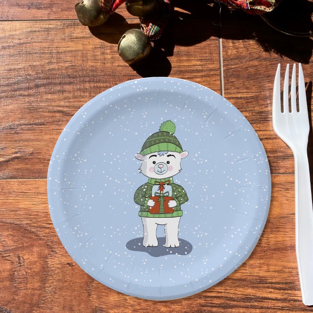 Polar Bear with Gift Blue Holiday Paper Plate (Cute polar bear blue paper plate for a friendly kid winter party .)