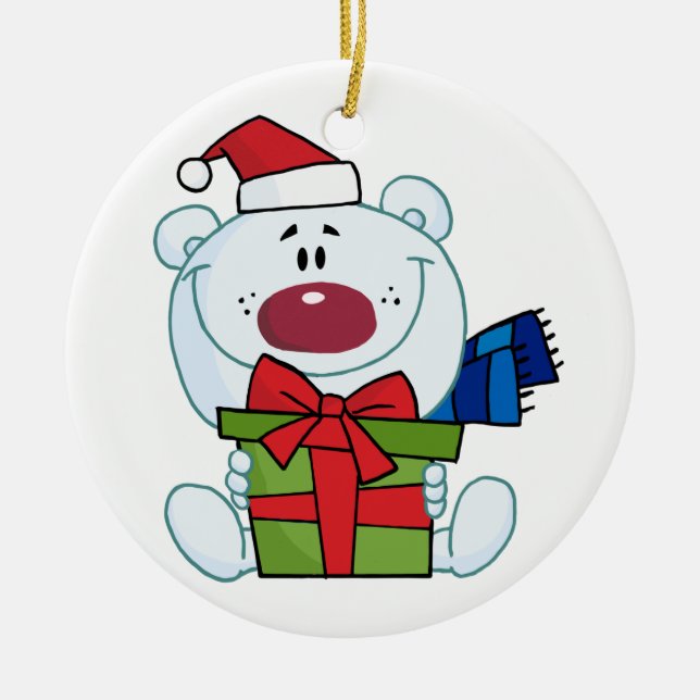 Polar Bear With Gift Keepsake Holiday Ornament (Front)