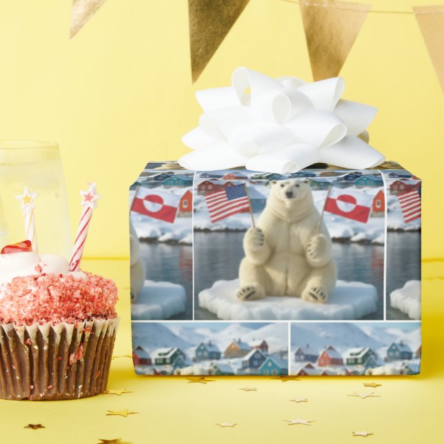 Polar Bear With Greenland and American Flags Wrapping Paper (Birthday Party)