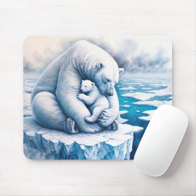 Polar Bear With Her Cub On a Glacier Mouse Mat (With Mouse)