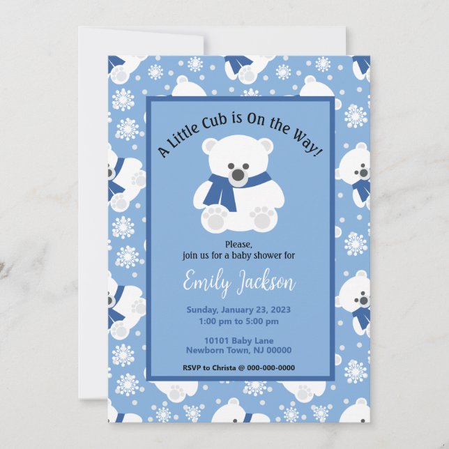 Polar Bear with Navy Blue Scarf and Snowflakes  Invitation (Front)