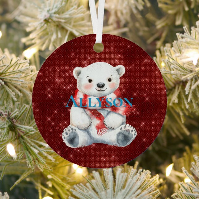 Polar Bear with Peppermint Red White Scarf Metal Tree Decoration (Insitu)