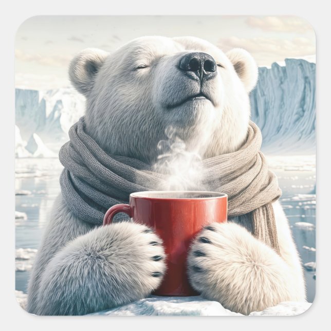 Polar Bear With Red Coffee Mug Square Sticker (Front)