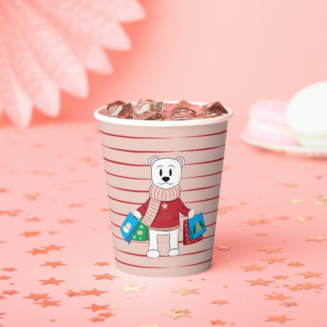 Polar Bear with Shopping Bags | Red Stripes Pink Paper Cups (Insitu)