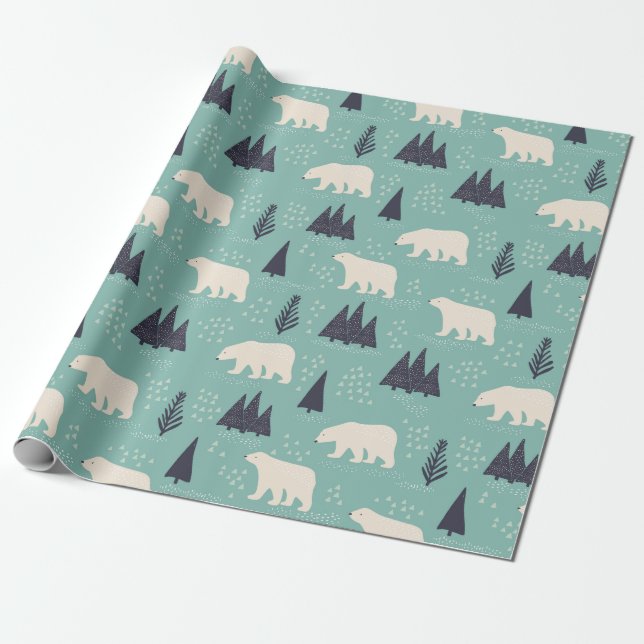 Polar Bears and Evergreen Trees Winter Patterned Wrapping Paper (Unrolled)