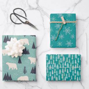 Polar Bears and Forest Bundle: Teal Blue Wrapping Paper Sheet