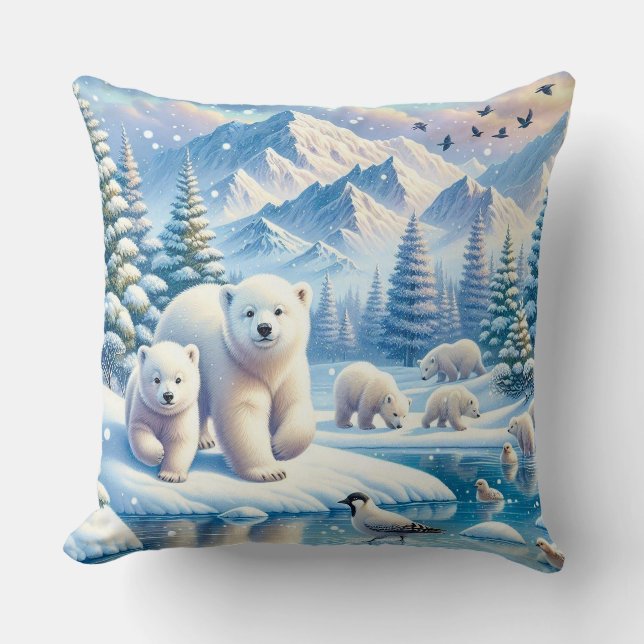 Polar Bears and Snowy Winter Scene Painting Cushion (Front)