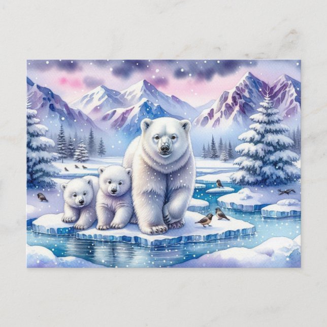 Polar Bears and Snowy Winter Scene Painting Postcard (Front)