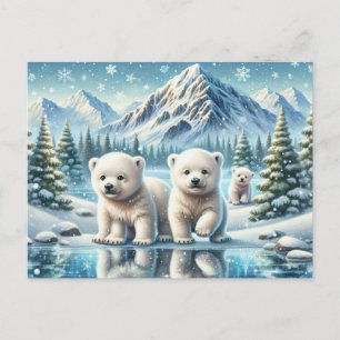 Polar Bears and Snowy Winter Scene Painting Postcard