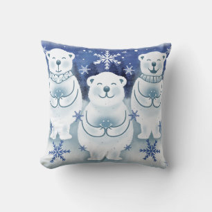 Polar Bears Cute Happy Winter Snowflakes Cushion