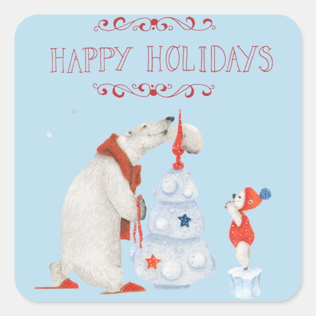 Polar Bears Decorating Tree Square Sticker (Front)