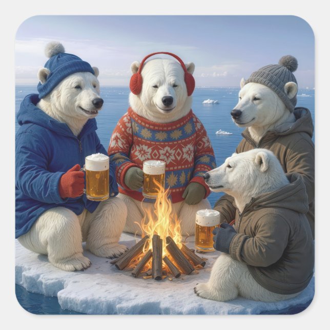 Polar Bears Drinking Around a Campfire  Square Sticker (Front)