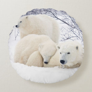 Polar Bears female and Two cubs Round Cushion