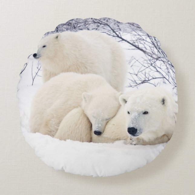 Polar Bears female and Two cubs Round Cushion (Front)