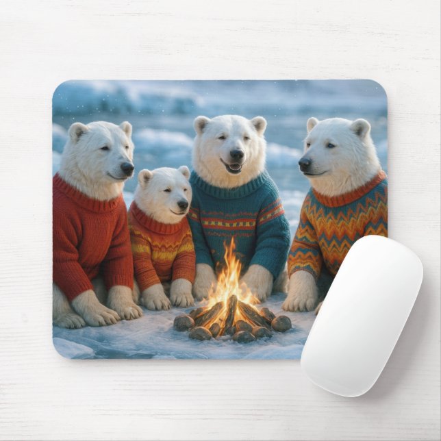 Polar Bears Gathering Around a Bonfire Mouse Mat (With Mouse)