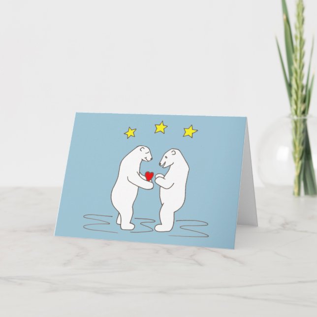 Polar Bears giving Heart and Yellow Stars Holiday Card (Front)