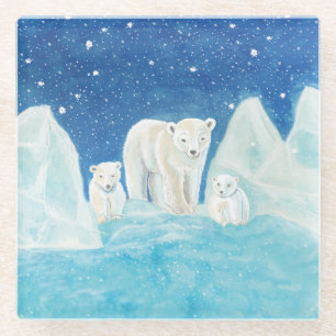 Polar Bears Illustration   Glass Coaster