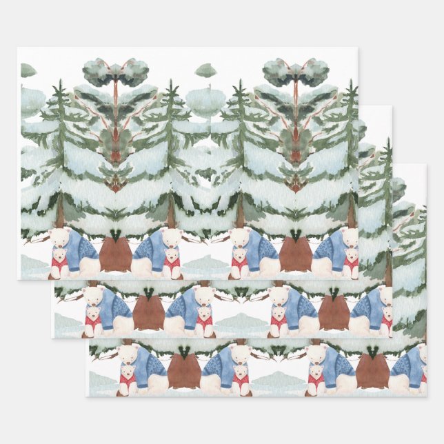 Polar Bears in the Snow Forest Wrapping Paper Sheet (Set)