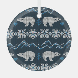 Polar Bears Knitted Winter Pattern Glass Tree Decoration