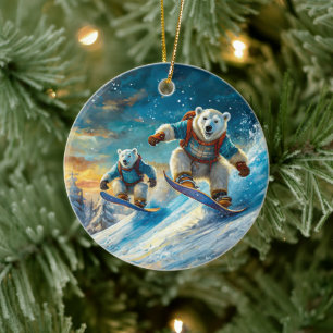 Polar Bears on Snowboards Design By Rich AMeN Gill Ceramic Tree Decoration