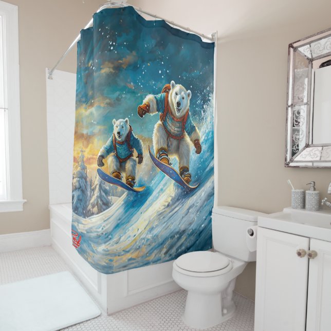 Polar Bears on Snowboards Design By Rich AMeN Gill Shower Curtain (In Situ)