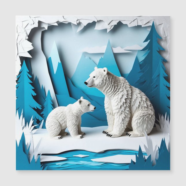 Polar Bears Papercraft Scene in Blue Arctic Forest (Front)