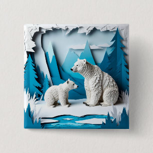 Polar Bears Papercraft Scene in Blue Arctic Forest 15 Cm Square Badge