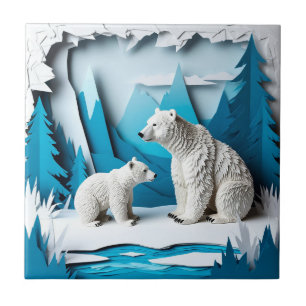 Polar Bears Papercraft Scene in Blue Arctic Forest Tile
