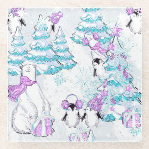 POLAR BEARS & PENGUINS WITH TREES & PRESENTS GLASS COASTER