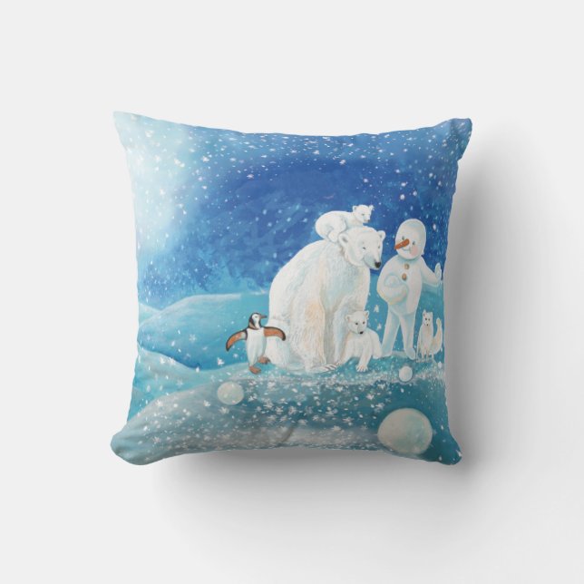 Polar Bears, Polar Fox, Emperor penguin & Snowman  Cushion (Front)