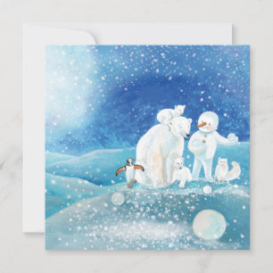 Polar Bears, Polar Fox, Emperor penguin & Snowman  Holiday Card