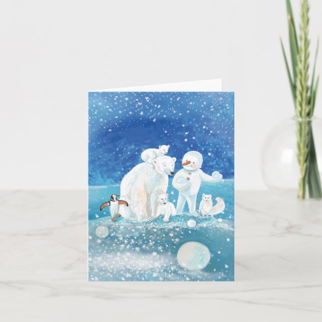 Polar Bears, Polar Fox, Emperor penguin & Snowman  Holiday Card (Front)