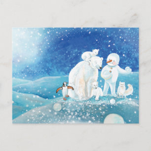 Polar Bears, Polar Fox, Emperor penguin & Snowman Holiday Postcard