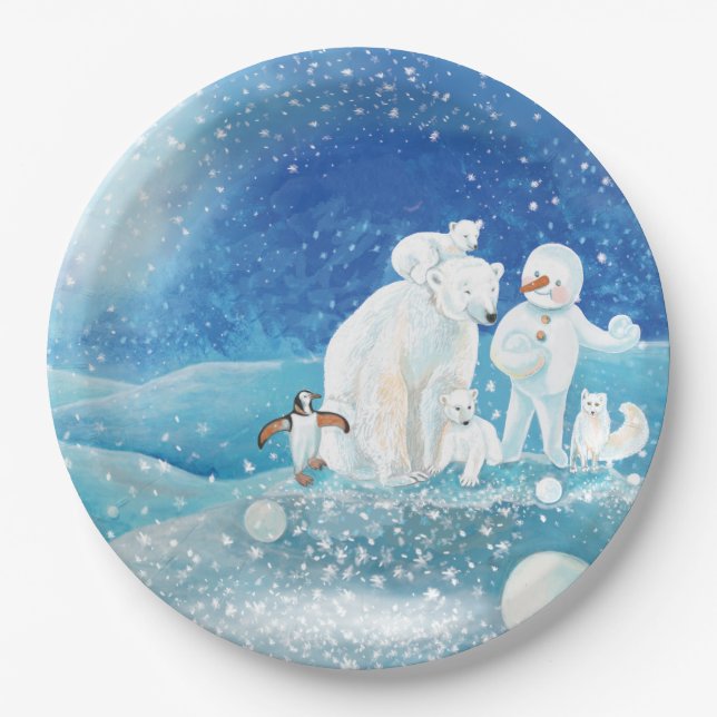 Polar Bears, Polar Fox, Emperor penguin & Snowman  Paper Plate (Front)