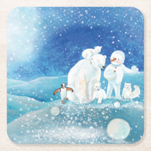 Polar Bears, Polar Fox, Emperor penguin & Snowman Square Paper Coaster