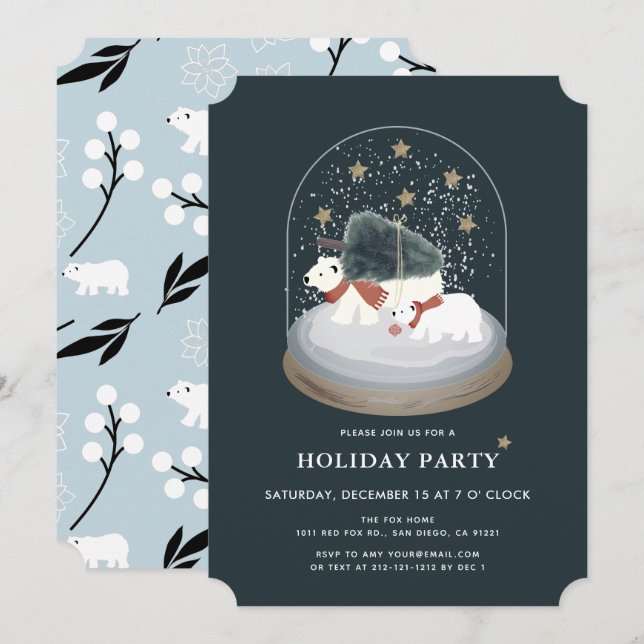 Polar Bears Snow Globe Navy Blue Holiday Party Invitation (Front/Back)