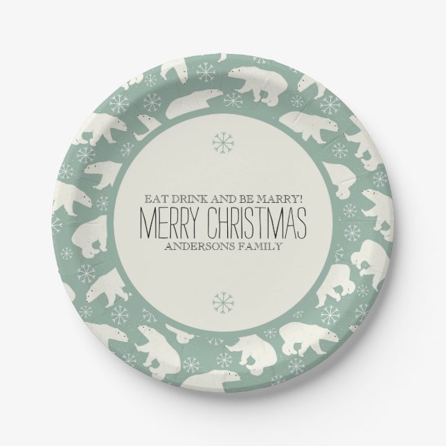 Polar Bears & Snowflakes Christmas Template Paper Plate (Front)